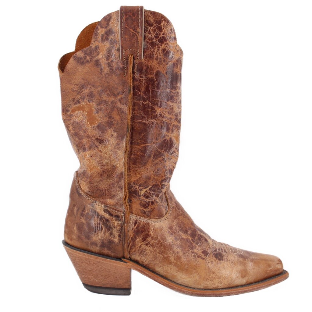 Brown cowboy boot with short stacked heel and side seam details along the shaft