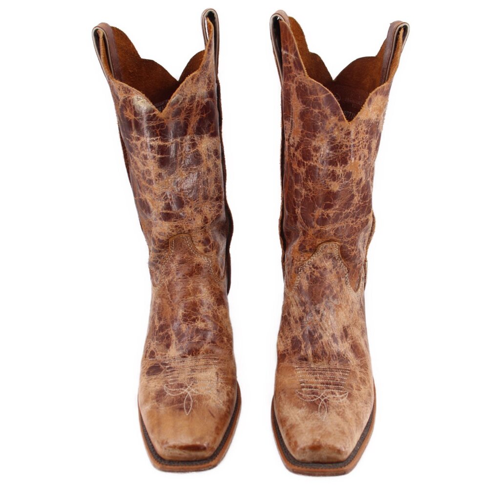 Pair of brown cowboy boots with V-shaped tops and western stitching on the shaft