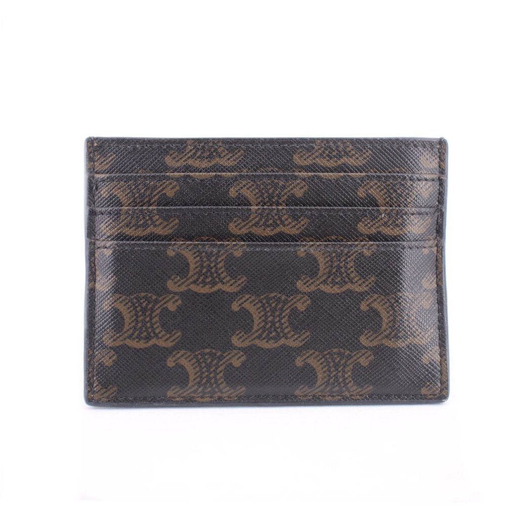 Brown card holder with repeating monogram pattern, no visible logo