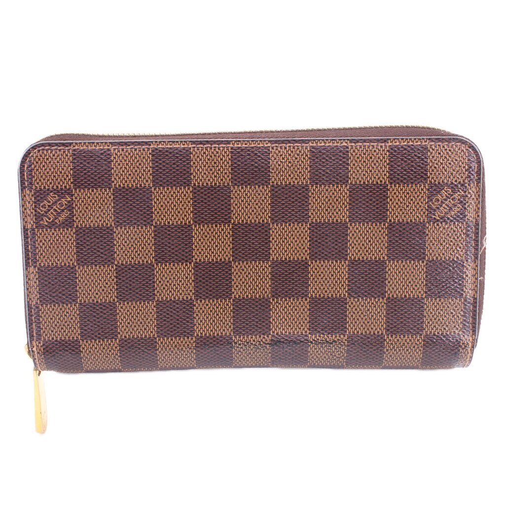 Damier ebene checkered zip-around wallet with gold-tone zipper, front view