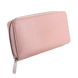 Rose pink leather zip wallet, side view with gold zipper and loop pull