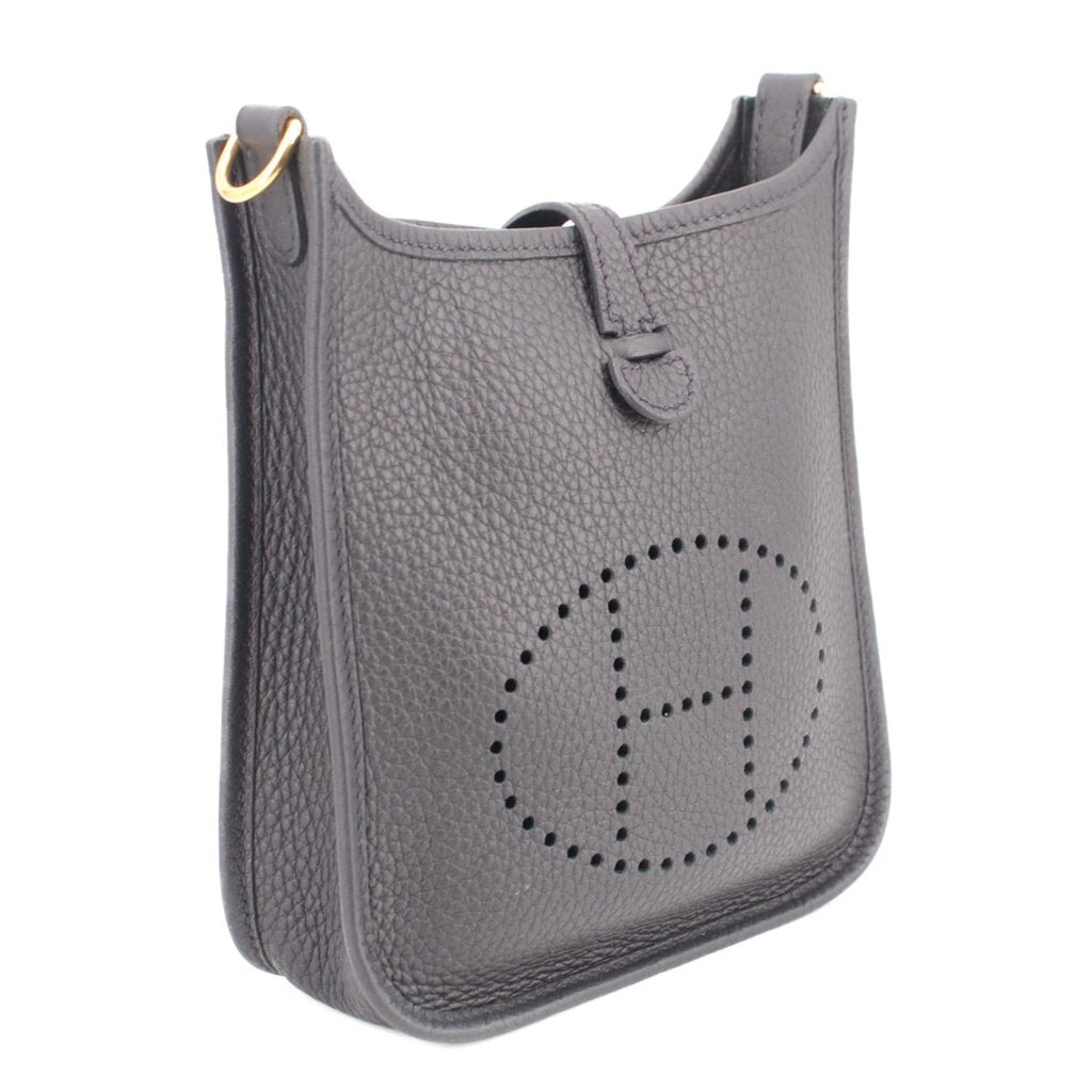 Small crossbody bag, textured leather with perforated H logo front, top snap, dark strap
