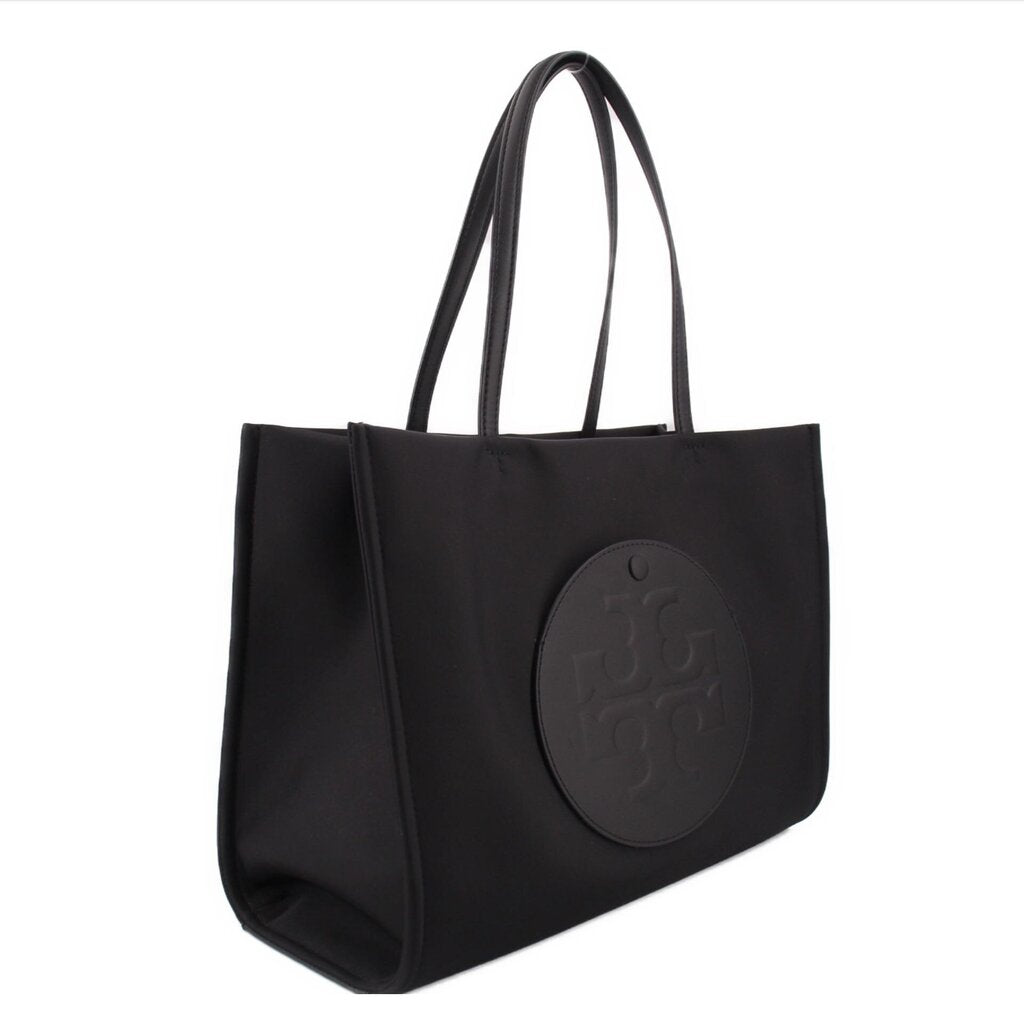 Black small tote bag with oval logo patch, wide sides, and double top handles