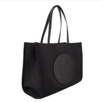 Black small tote bag with oval logo patch, wide sides, and double top handles
