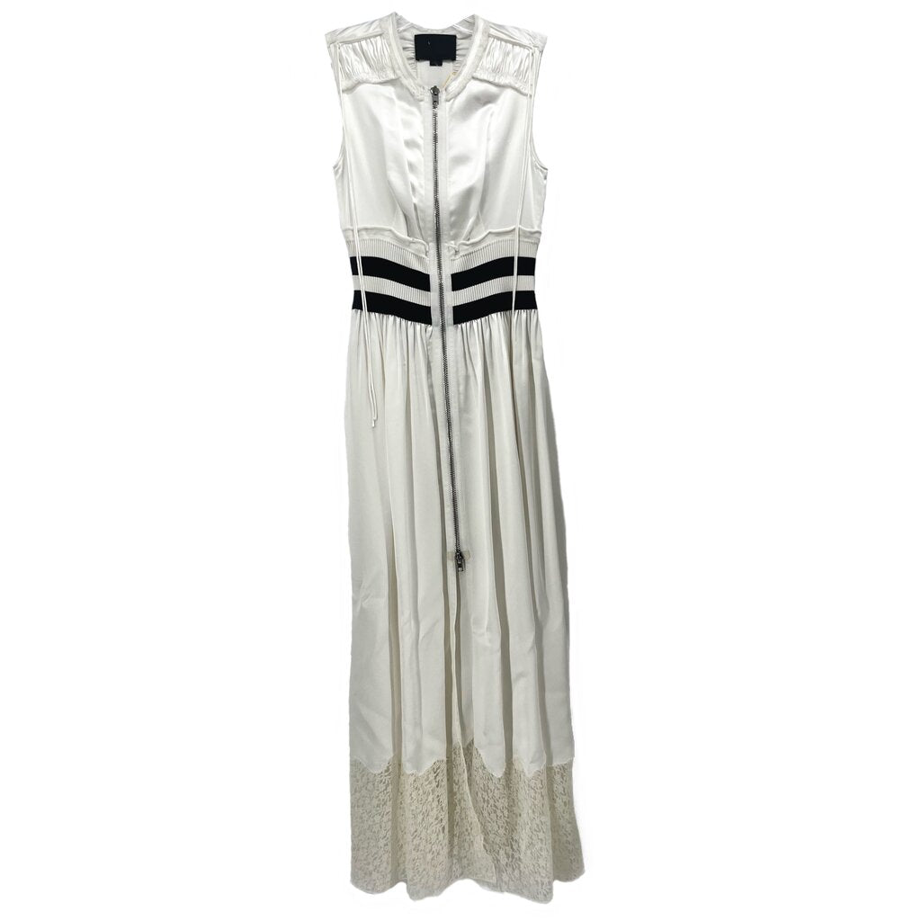 Alexander Wang satin dress, sleeveless white with black waist band and lace hem