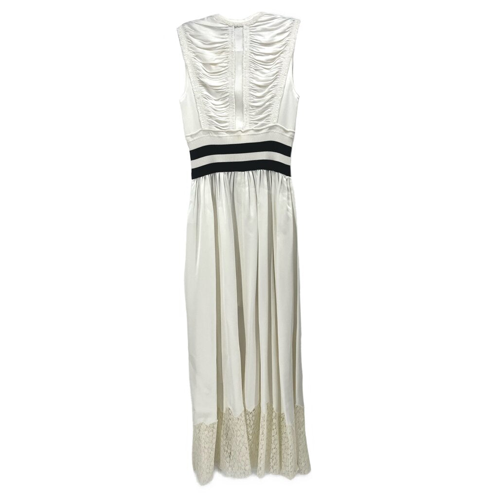 Alexander Wang satin dress, white sleeveless with ruched bodice, black waist band, lace hem