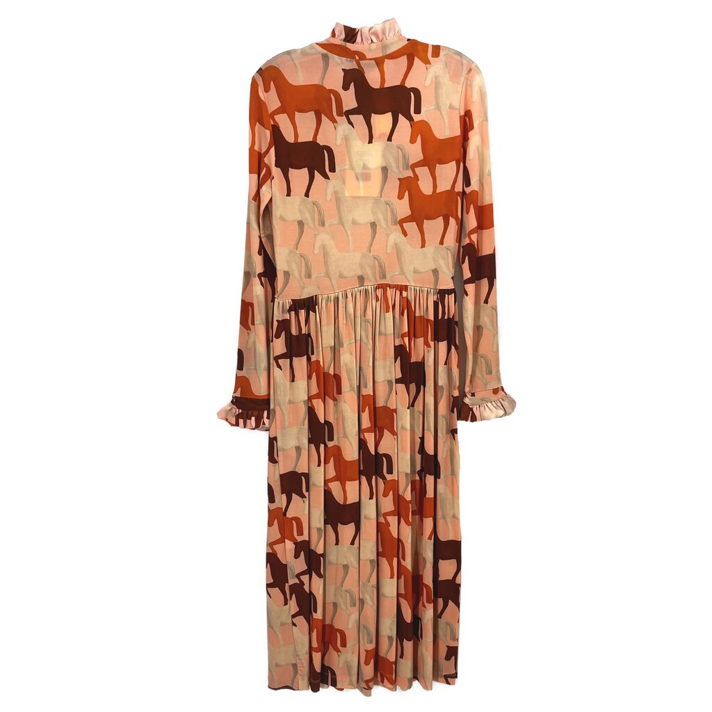 Peach horse-print maxi dress with long sleeves, ruffled high neck and tiered gathered skirt