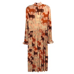Peach horse-print maxi dress with long sleeves, ruffled high neck and tiered gathered skirt