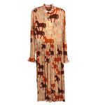 Peach horse-print midi dress with long sleeves, ruffled round neckline and gathered waist