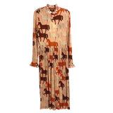 Peach horse-print midi dress with long sleeves, ruffled round neckline and gathered waist