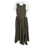 Contrast print midi dress with short sleeves, white top and dark green skirt
