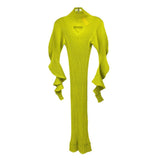 Yellow ribbed knit long-sleeve dress with high neck and ruffled cuffs