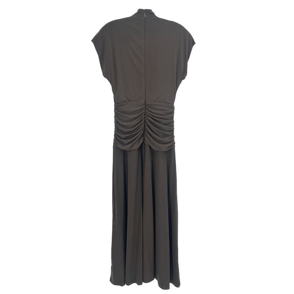 Dark brown ruched back midi dress with short sleeves