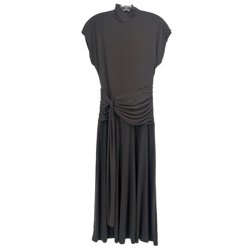 Dark brown ruched midi dress with short sleeves and tied waist