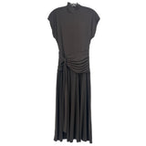 Dark brown ruched midi dress with short sleeves and tied waist
