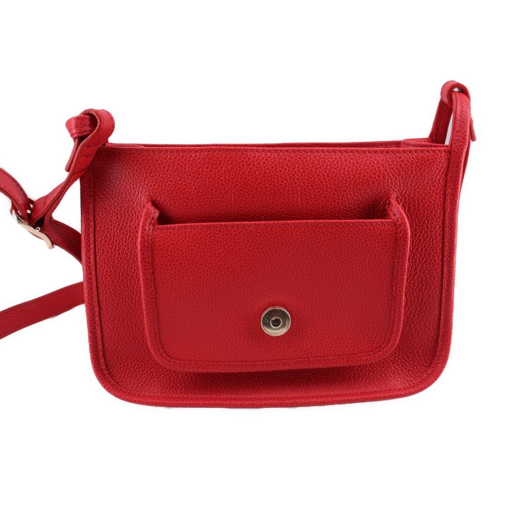 Red leather crossbody bag front view with square pocket and round metal snap