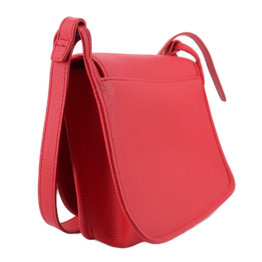 Red leather small crossbody bag with flap opening and shoulder strap