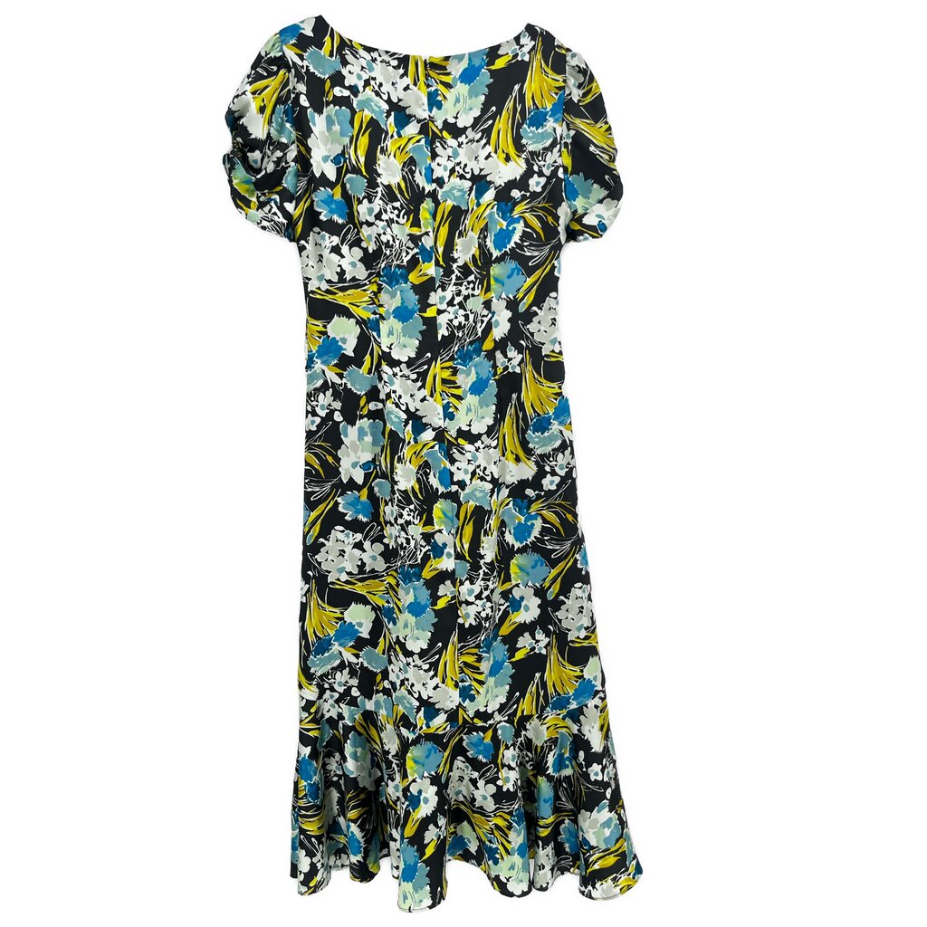 Blue and black abstract floral midi dress with puff sleeves and gathered waist