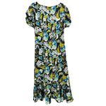 Blue and black abstract floral midi dress with puff sleeves and gathered waist