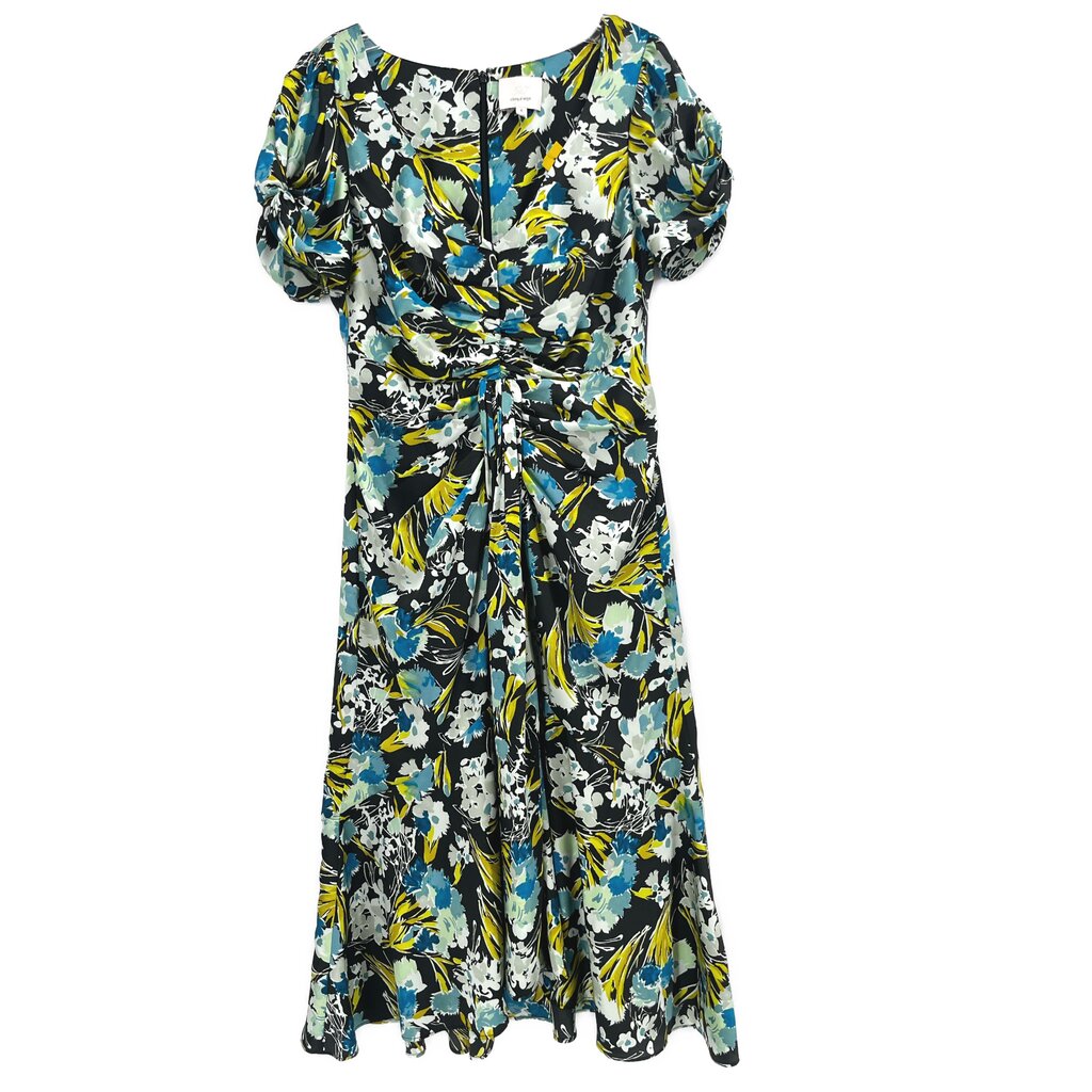 Blue and black print midi dress with puff sleeves and ruched waist, round neckline