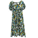 Blue and black print midi dress with puff sleeves and ruched waist, round neckline