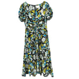 Blue and black print midi dress with puff sleeves and ruched waist, round neckline