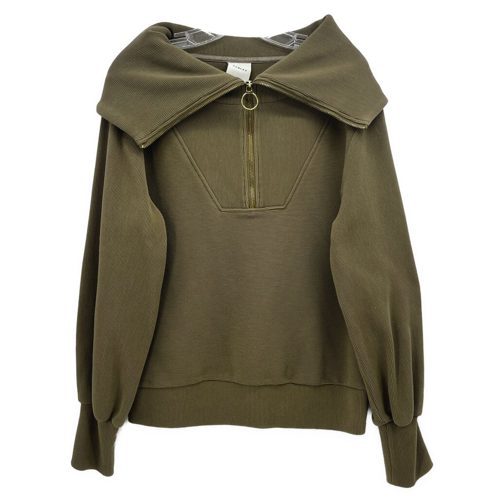 Varley pullover top in olive green with half-zip and stand collar, long sleeves