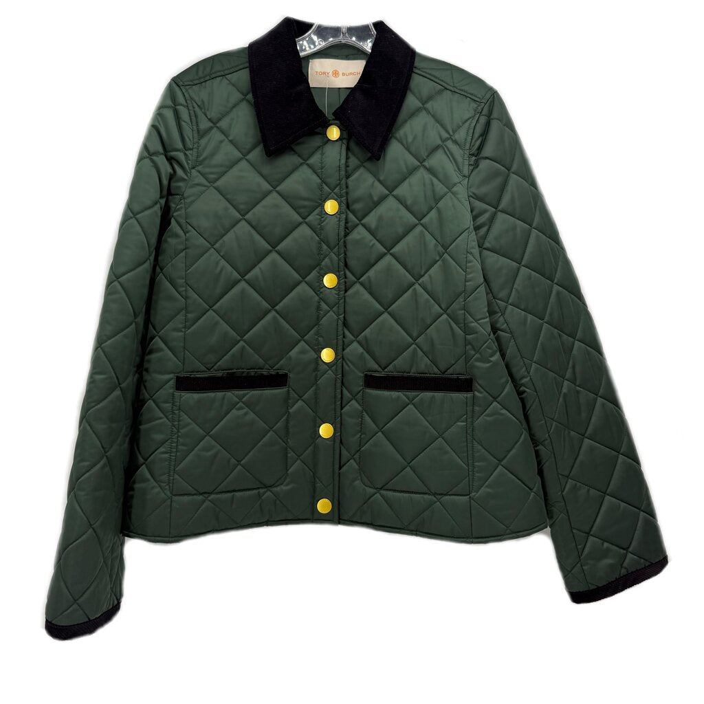 Quilted green jacket with black collar and snap-front, gold buttons