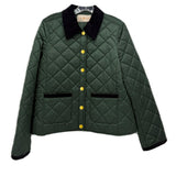 Quilted green jacket with black collar and snap-front, gold buttons