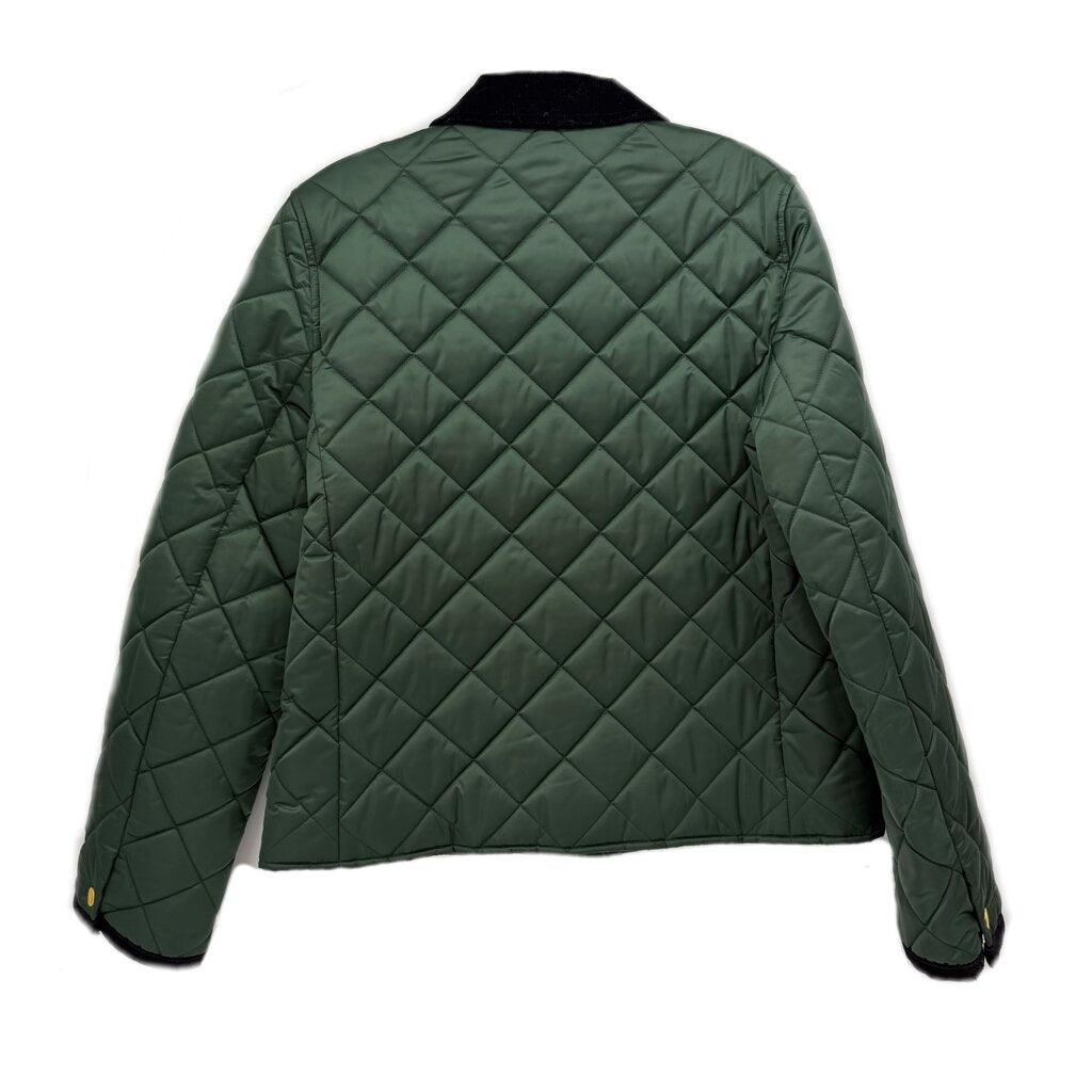 Back view of quilted green jacket with black collar and snap buttons