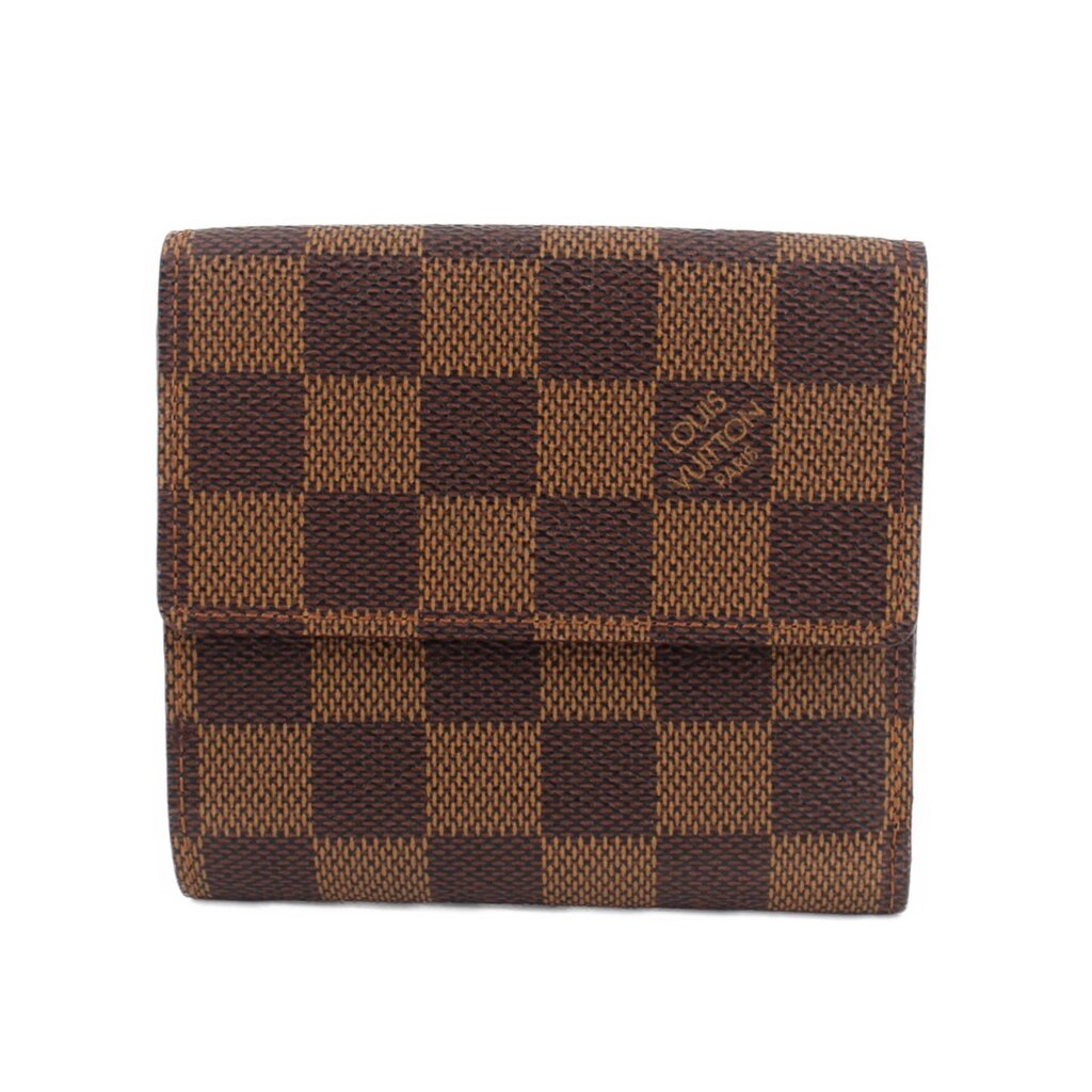 LOUIS VUITTON Elise wallet in Damier Ebene canvas, back view with check pattern.