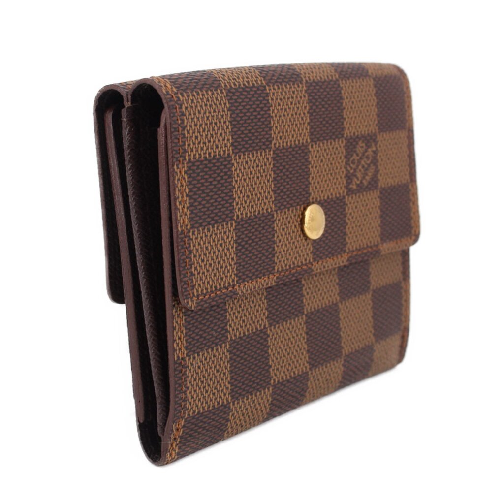 LOUIS VUITTON Elise wallet, Damier Ebene check pattern, side view with snap button.