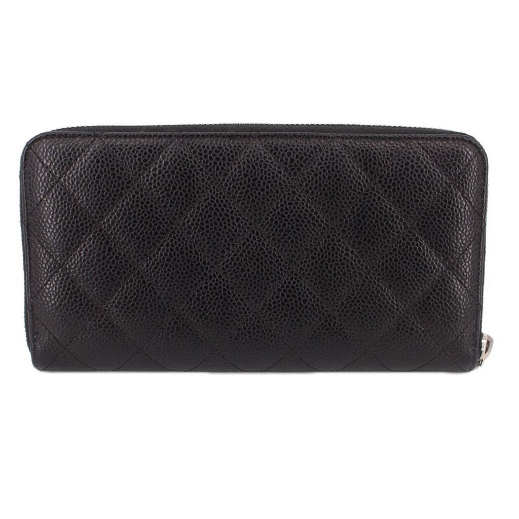 CHANEL black leather zip-around wallet with CC logo and smooth front panel