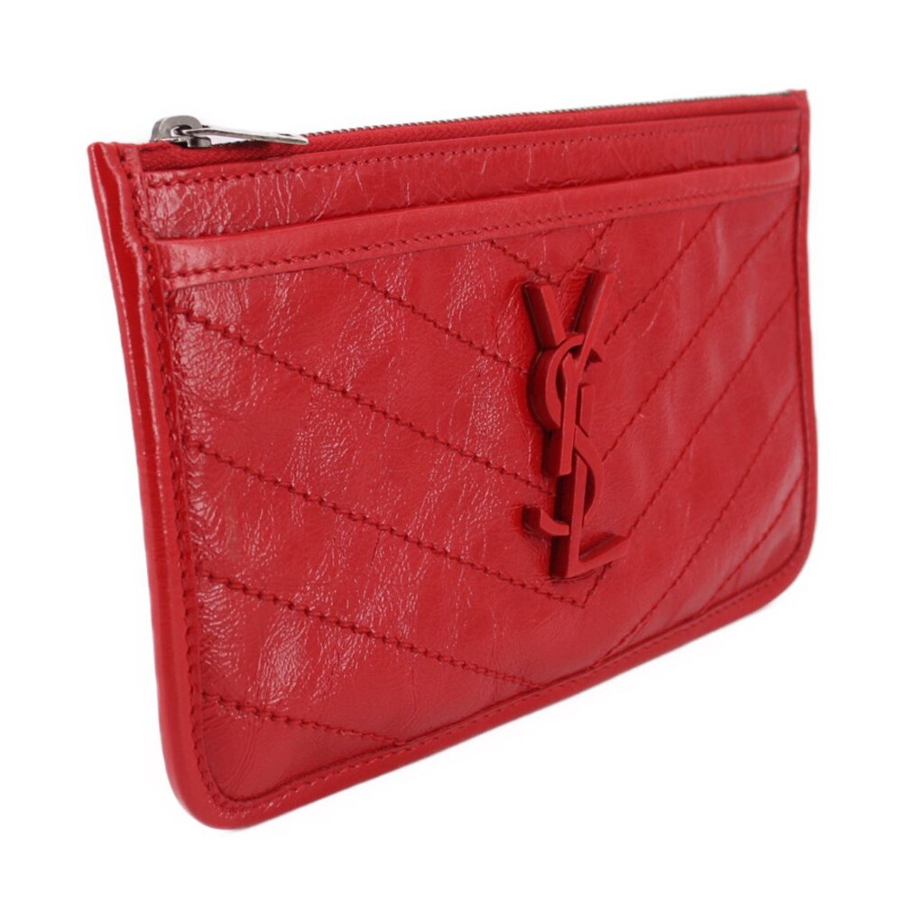 Red quilted leather Niki pouch wallet, slim profile with top zip