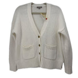 J.Crew white knit cardigan with V-neck, button front, two patch pockets, and ribbed trim