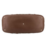 Brown dome handle bag bottom with gold-tone feet and leather trim edge
