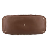 Brown dome handle bag bottom with gold-tone feet and leather trim edge