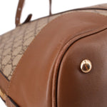 Brown leather corner detail with gold-tone rivet on dome handle bag