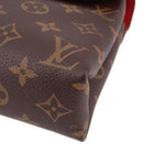 Close-up of brown monogram corner and textured canvas on crossbody bag