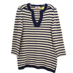 Tory Burch striped knit top with V-neck and 3/4 sleeves, cream and navy stripes