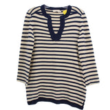 Tory Burch striped knit top with V-neck and 3/4 sleeves, cream and navy stripes