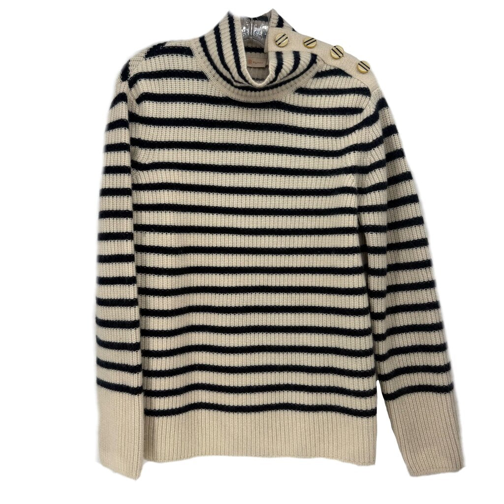 Tory Burch cream sweater with black stripes, cowl neck, and gold shoulder buttons