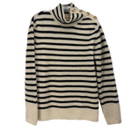 Tory Burch cream sweater with black stripes, cowl neck, and gold shoulder buttons