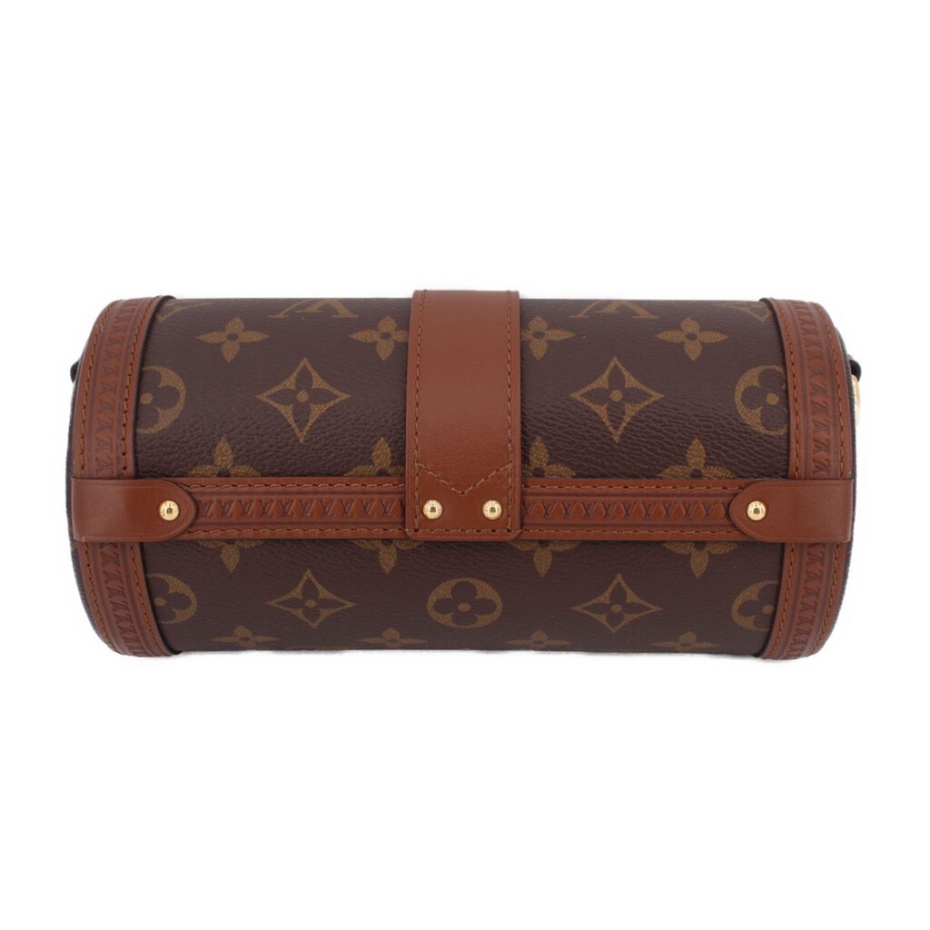 Monogram cylindrical trunk bag with front clasp and brown leather trim