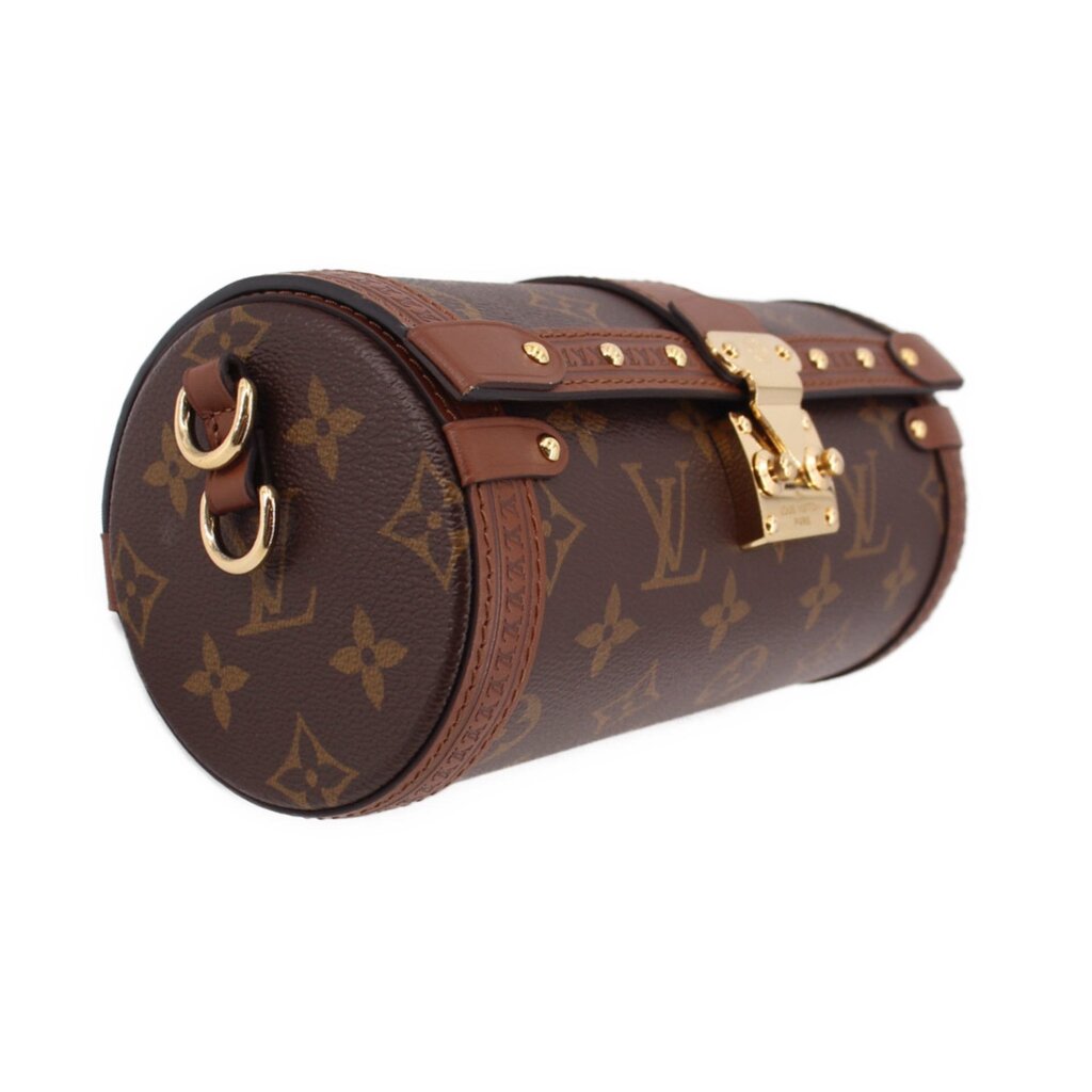 Cylindrical monogram crossbody bag with gold-tone buckle and leather shoulder strap