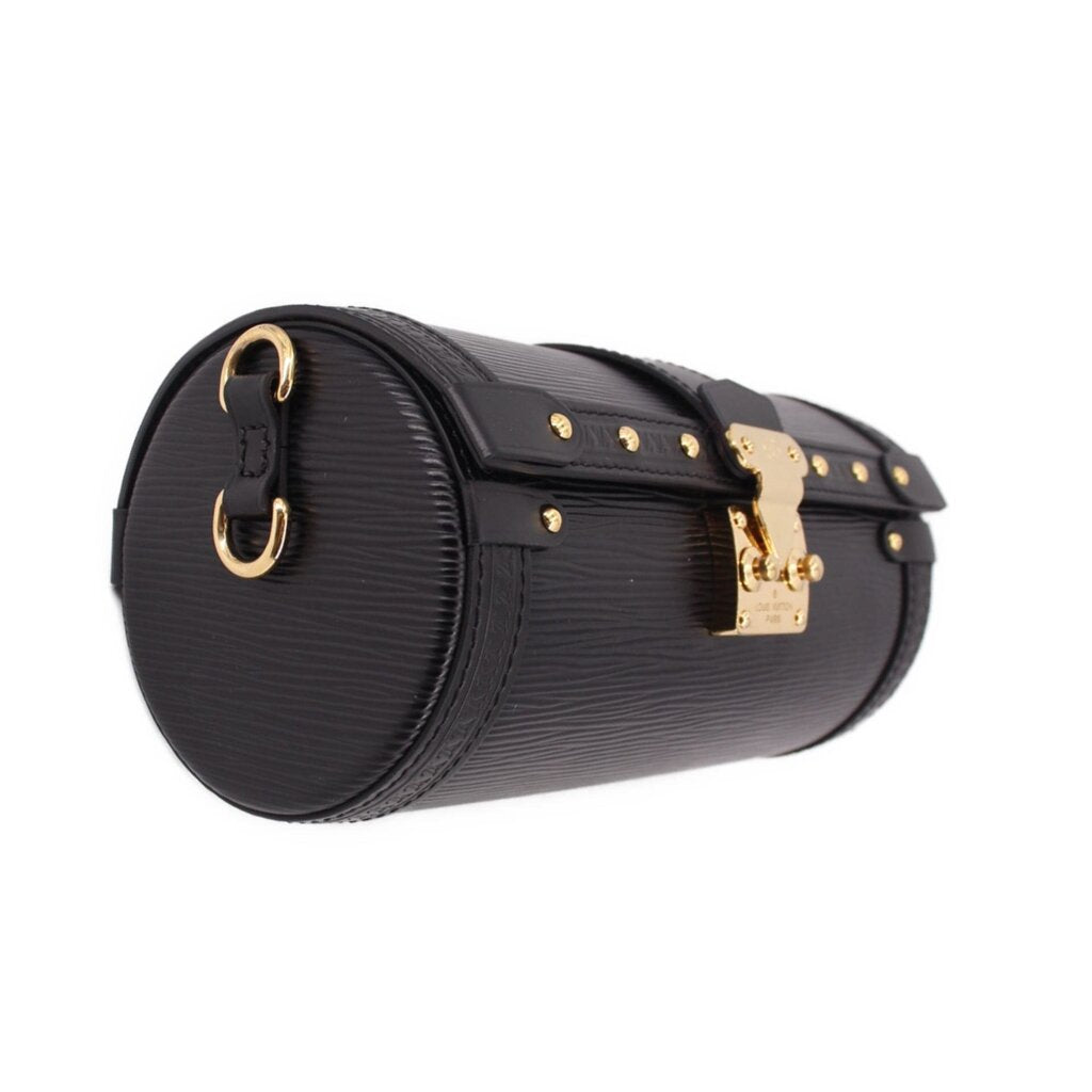 Black Epi leather trunk crossbody bag side profile with gold turn-lock hardware.