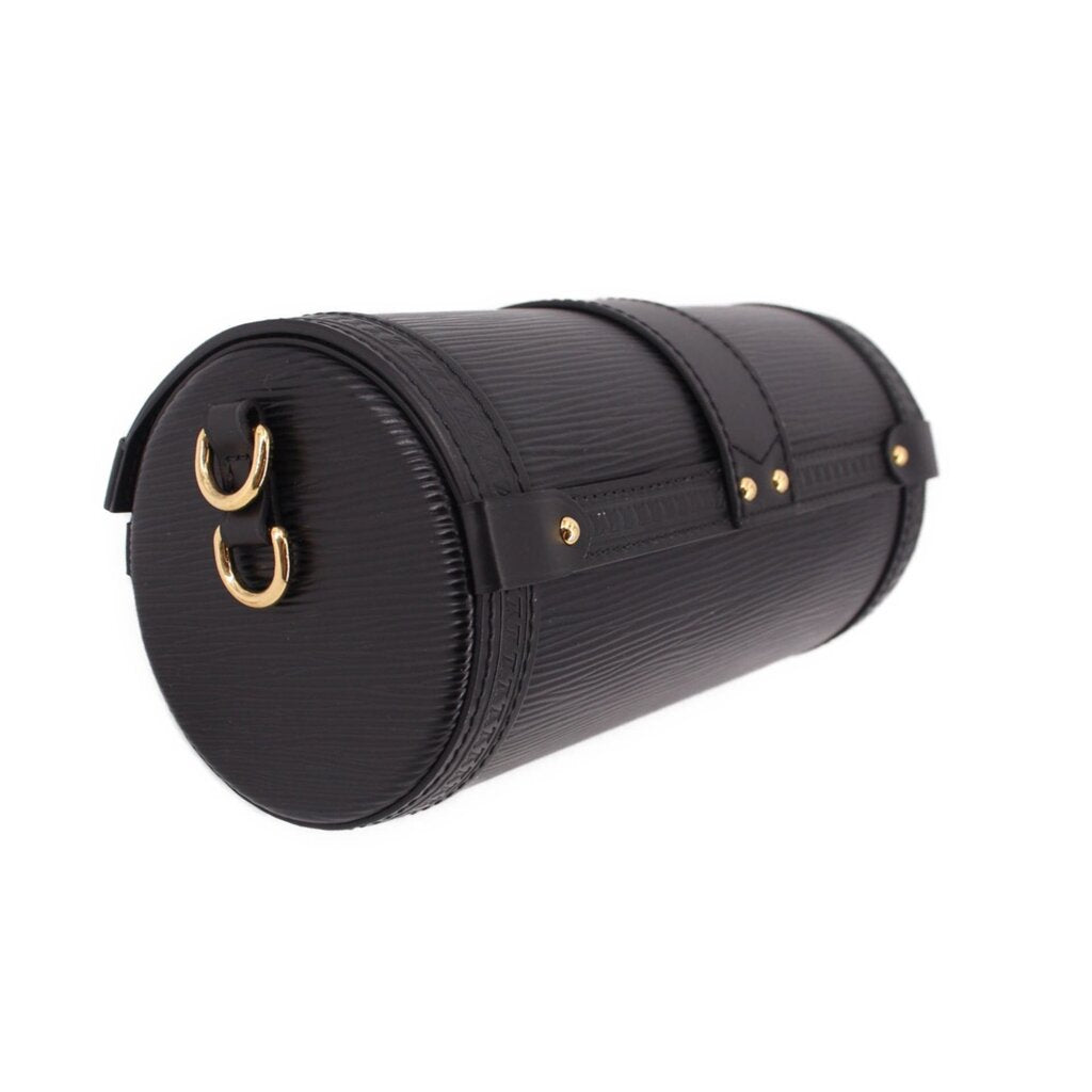 LOUIS VUITTON Papillon crossbody bag, angled view, black textured leather and gold rings