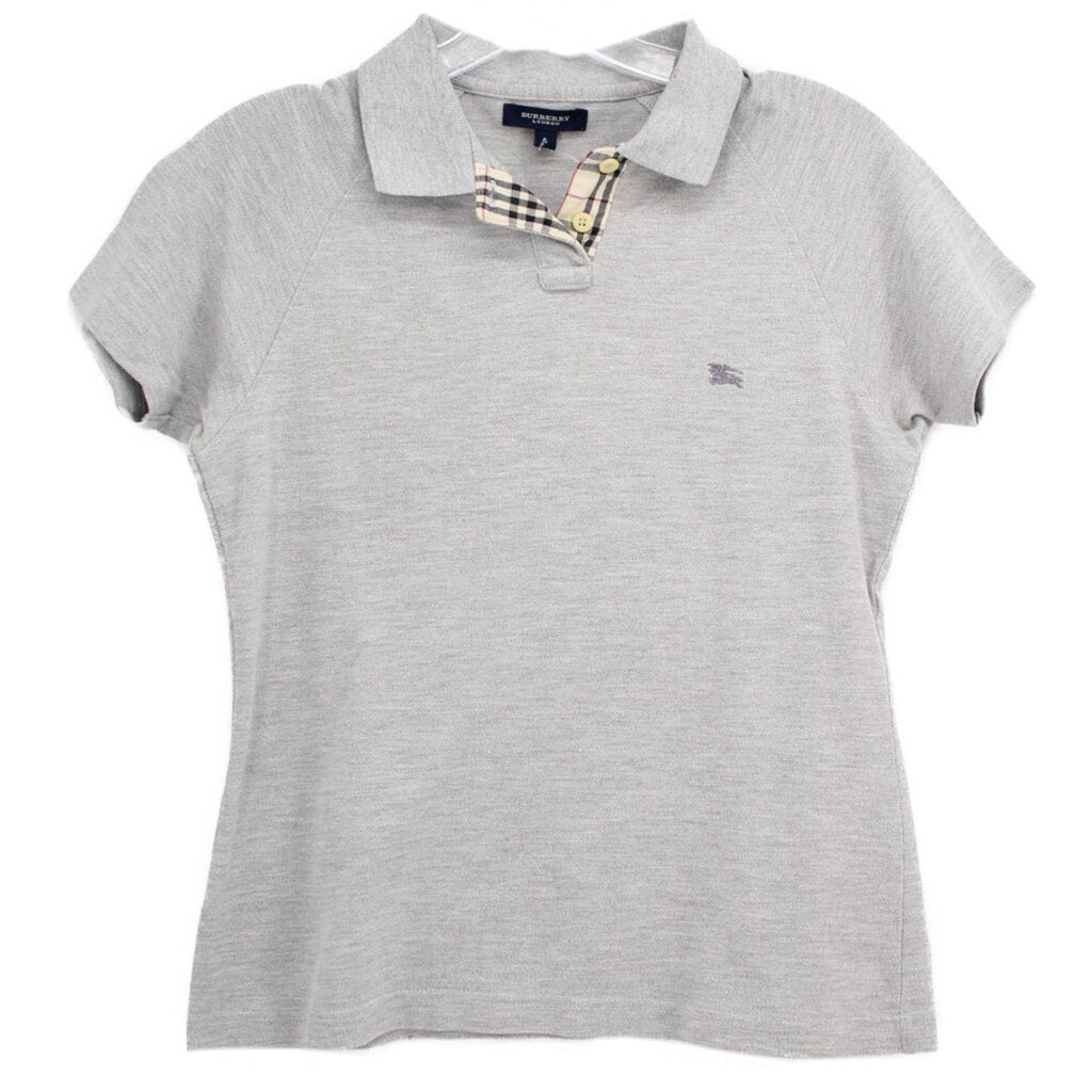 BURBERRY gray short-sleeve polo top with plaid button placket and chest logo