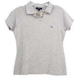 BURBERRY gray short-sleeve polo top with plaid button placket and chest logo