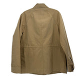 Tan utility jacket back view with centered seam and buttoned collar detail